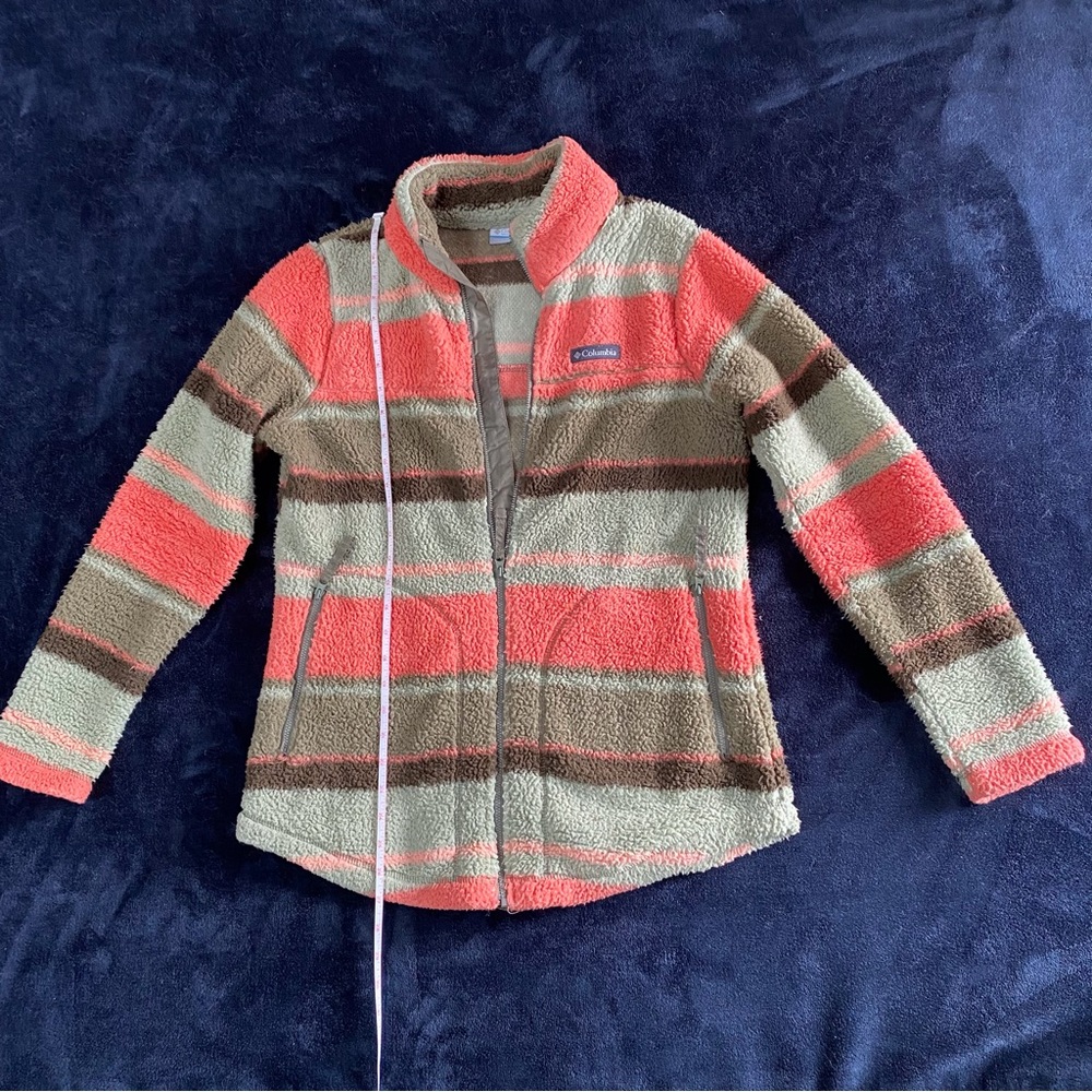 Coral Orange & Sage Striped Columbia Fleece Jacket - Women’s M